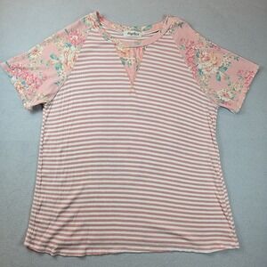 Haptics Women's Short Sleeve Shirt 1XL Pink Stripes With Floral Sleeves Stretchy